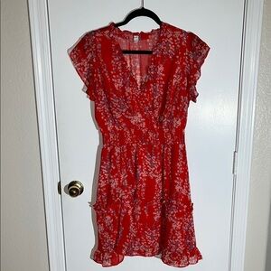 Floral Red V-Neck Mini Dress with Ruffle Sleeves